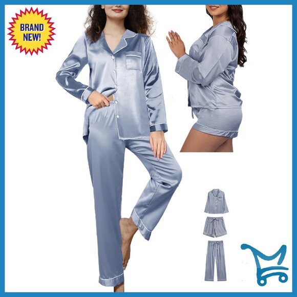 Silk Satin Pajama Set 3Pcs Long Sleeve Top Shorts Pants Sleepwear